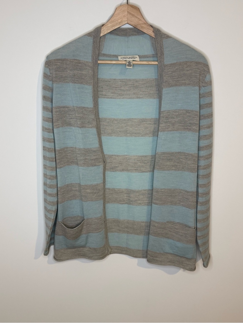 100% Merino Wool Banana Republic Light Blue and Gray Striped Open Cardigan